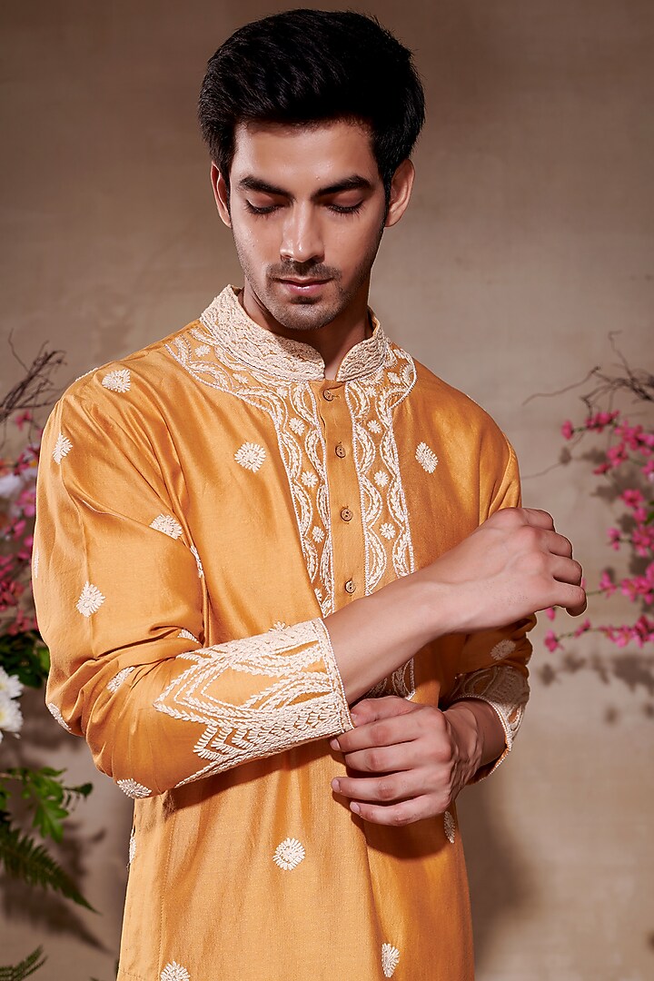 Yellow Silk Chanderi Printed & Embroidered Kurta by SHASHA GABA MEN at Pernia's Pop Up Shop
