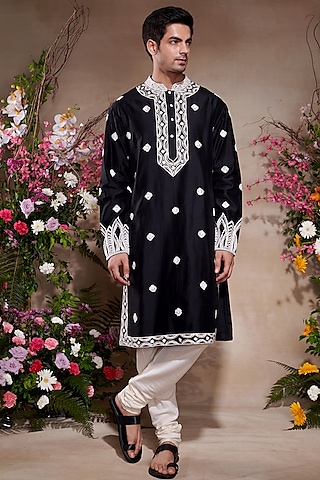 Black Silk Chanderi Printed & Embroidered Kurta by SHASHA GABA MEN