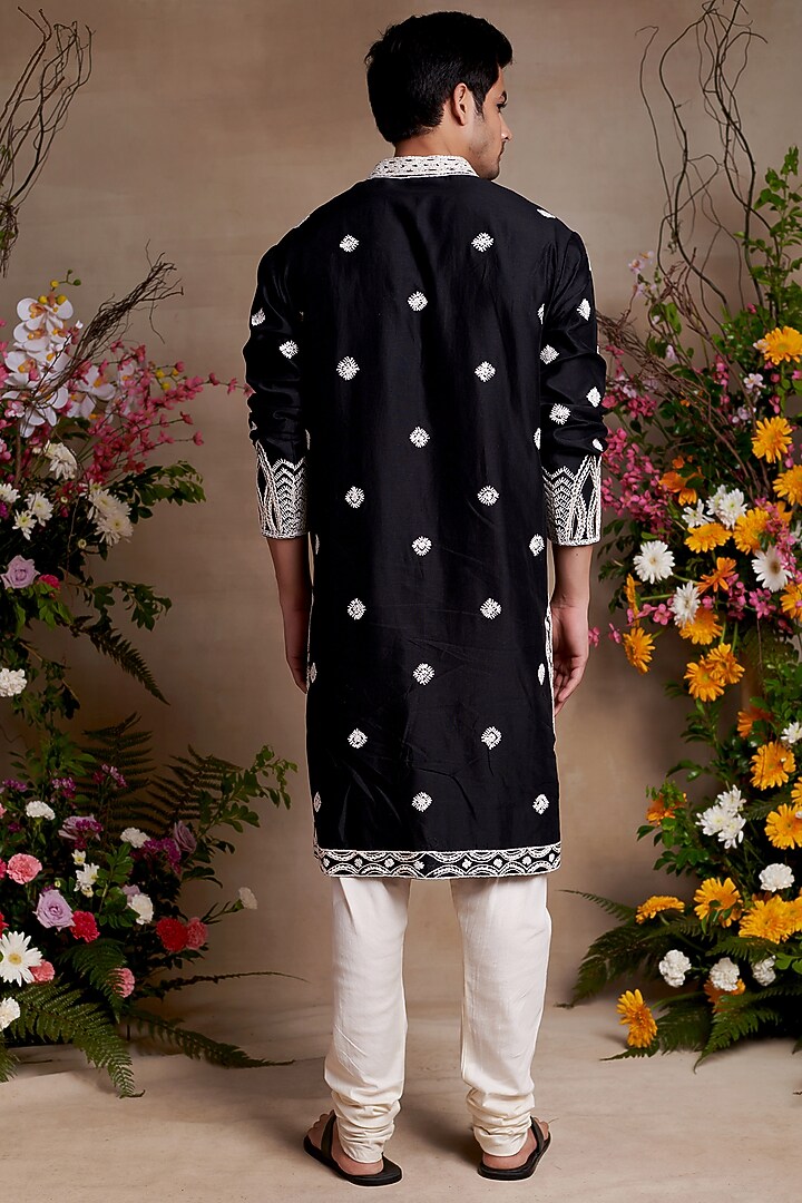 Black Silk Chanderi Printed & Embroidered Kurta by SHASHA GABA MEN at Pernia's Pop Up Shop
