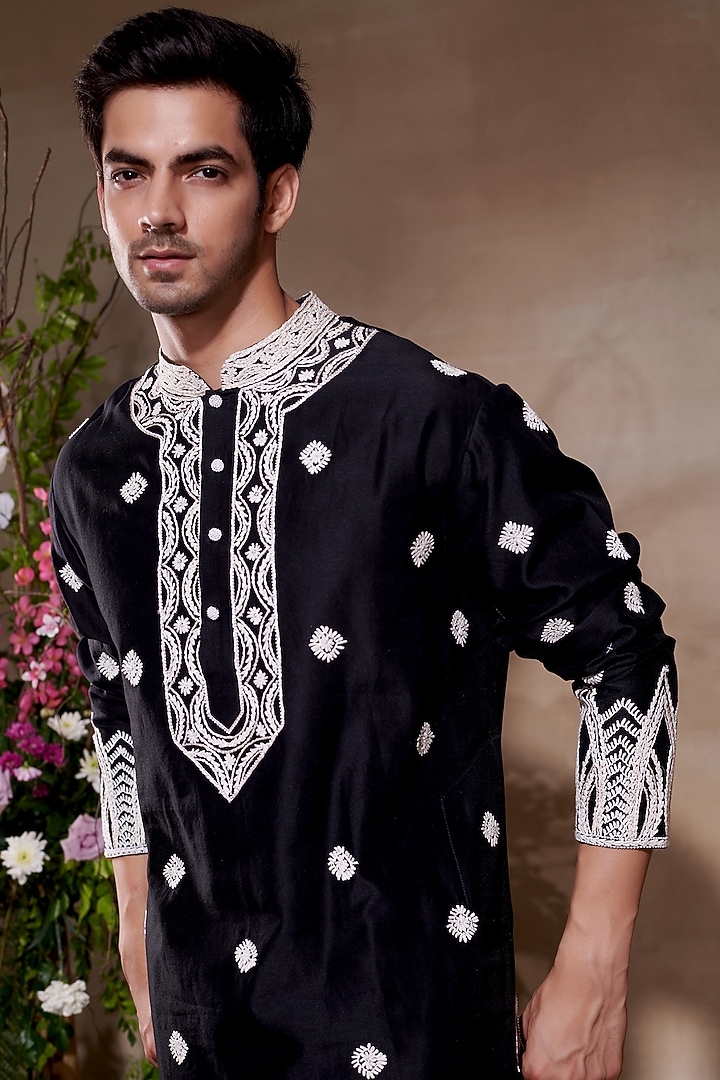 Black Silk Chanderi Printed & Embroidered Kurta by SHASHA GABA MEN at Pernia's Pop Up Shop