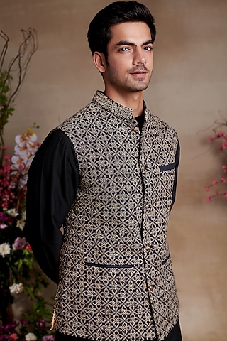 Black Silk Printed & Embroidered Bundi Jacket by SHASHA GABA MEN