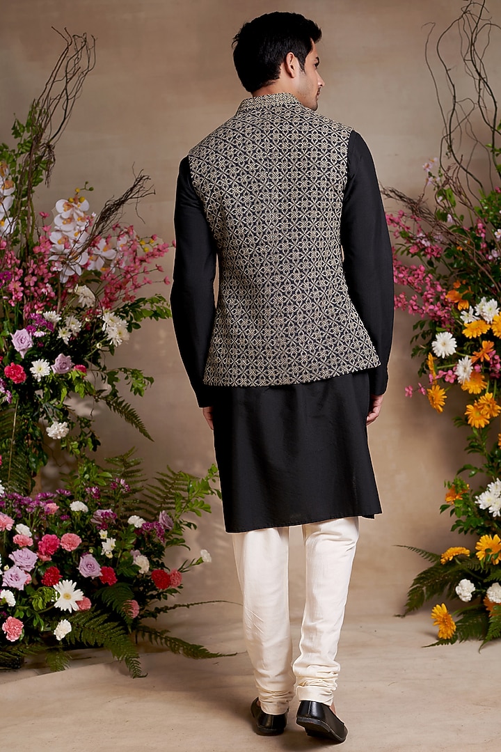 Black Silk Printed & Embroidered Bundi Jacket by SHASHA GABA MEN at Pernia's Pop Up Shop