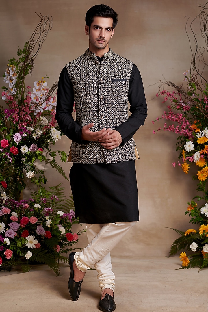 Black Silk Printed & Embroidered Bundi Jacket by SHASHA GABA MEN at Pernia's Pop Up Shop