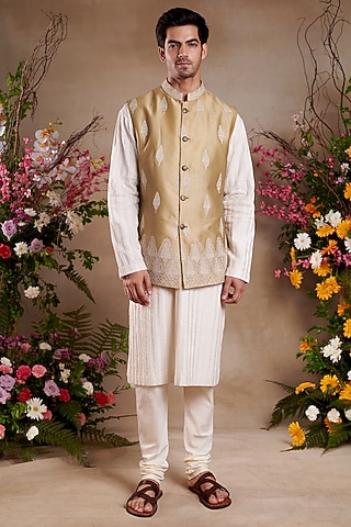 Gold Silk Chanderi Printed & Embroidered Bundi Jacket by SHASHA GABA MEN