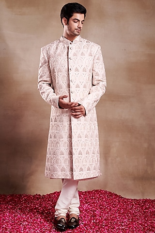 Pink Silk Printed & Embroidered Sherwani by SHASHA GABA MEN