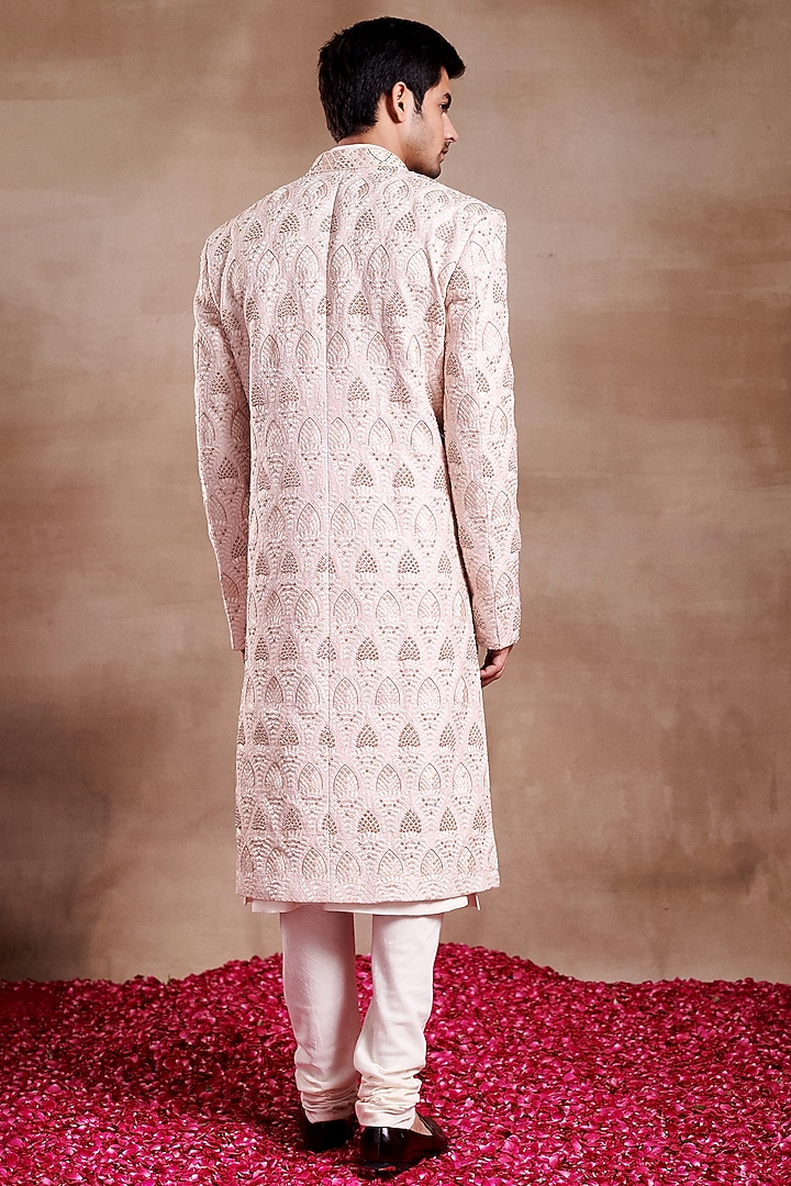 Pink Silk Printed & Embroidered Groom Sherwani by SHASHA GABA MEN at Pernia's Pop Up Shop