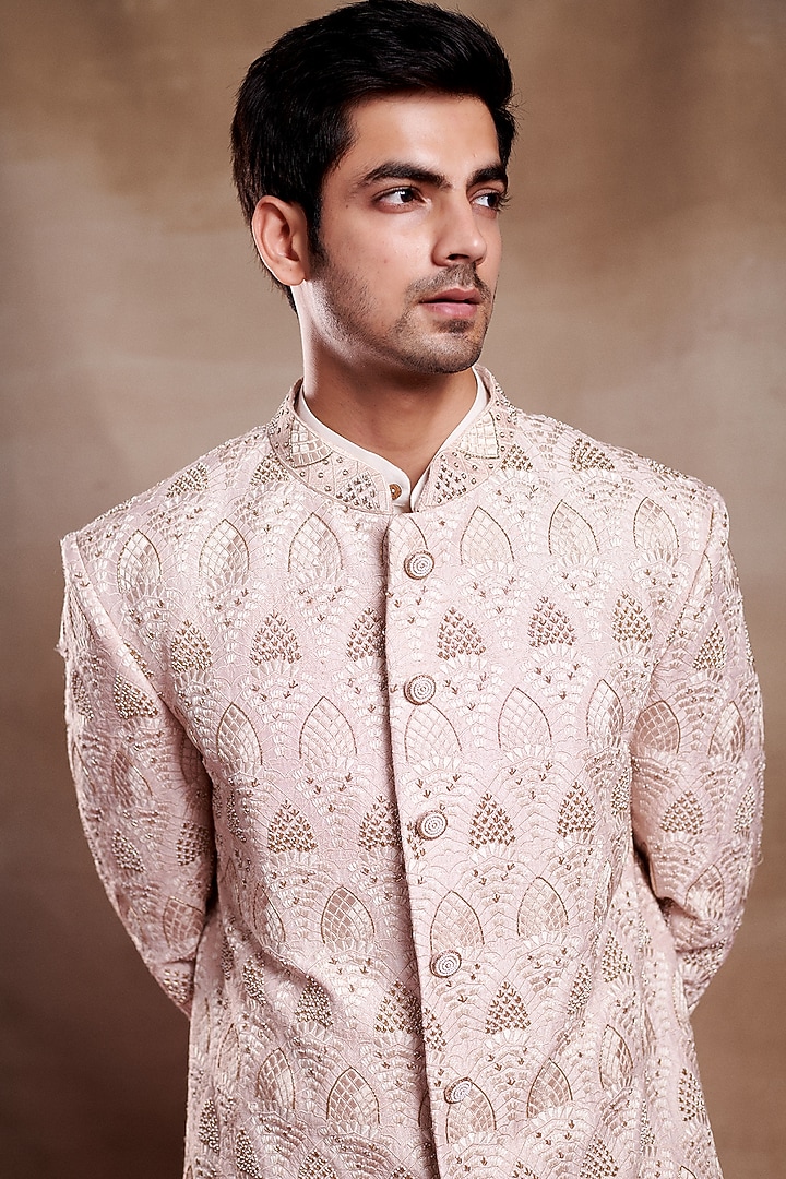 Pink Silk Printed & Embroidered Groom Sherwani by SHASHA GABA MEN at Pernia's Pop Up Shop