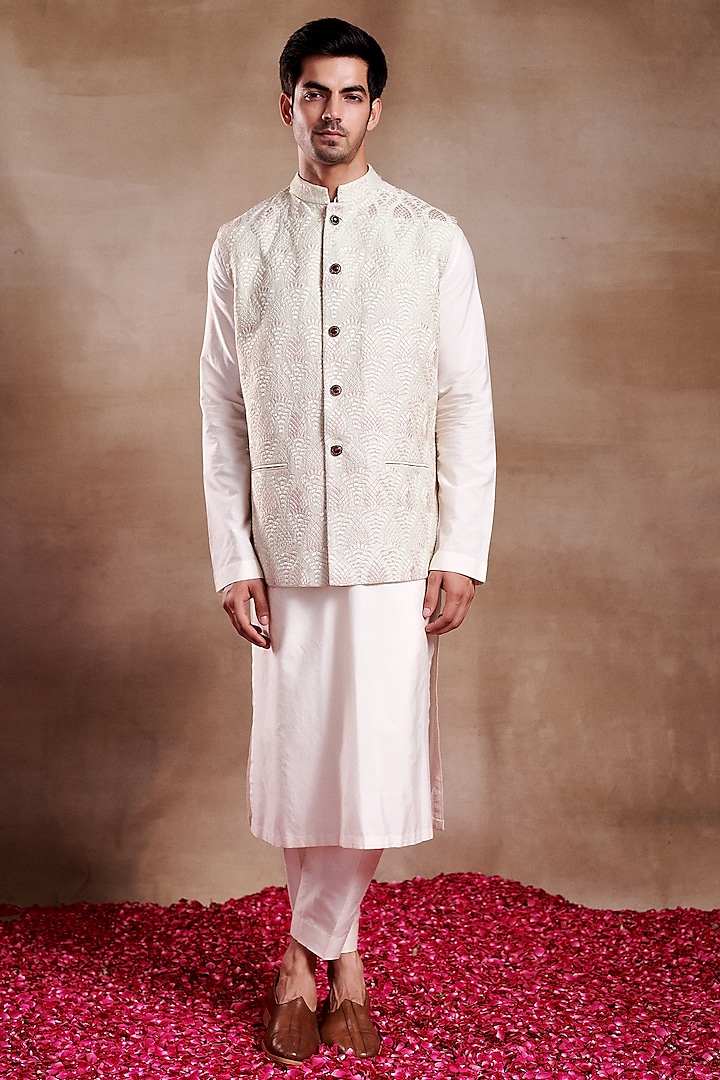 Ivory Silk Chanderi Printed & Embroidered Bundi Jacket by SHASHA GABA MEN