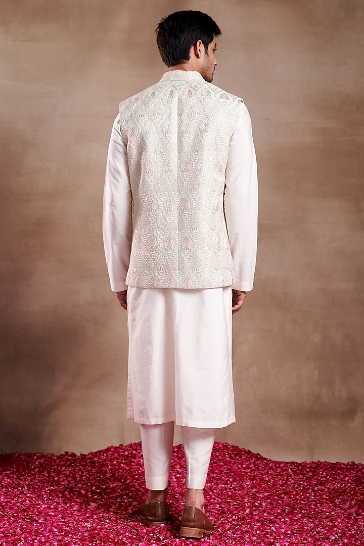 Ivory Silk Chanderi Printed & Embroidered Bundi Jacket by SHASHA GABA MEN at Pernia's Pop Up Shop