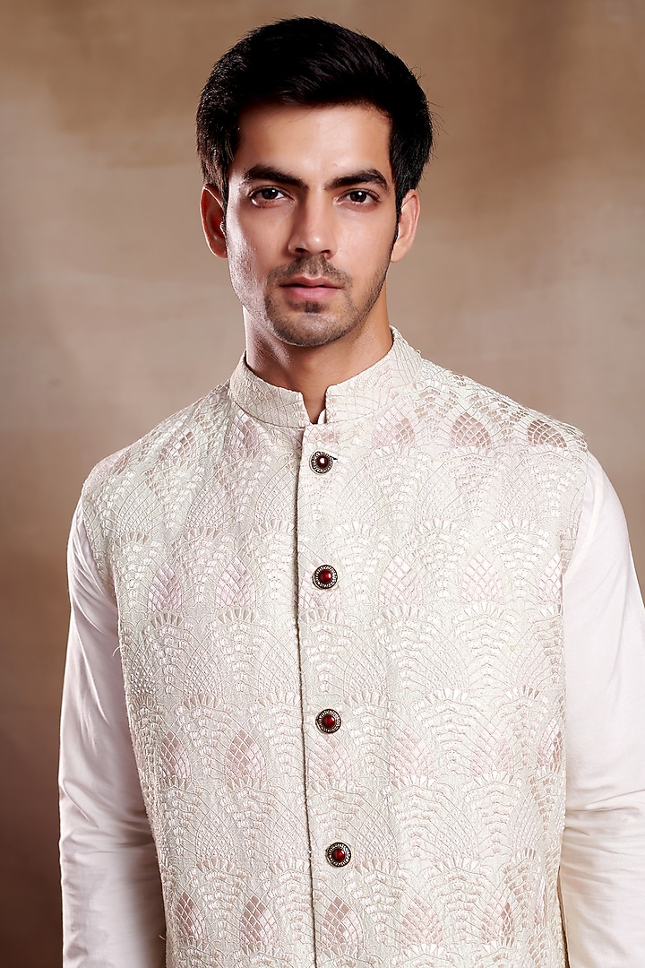 Ivory Silk Chanderi Printed & Embroidered Bundi Jacket by SHASHA GABA MEN at Pernia's Pop Up Shop