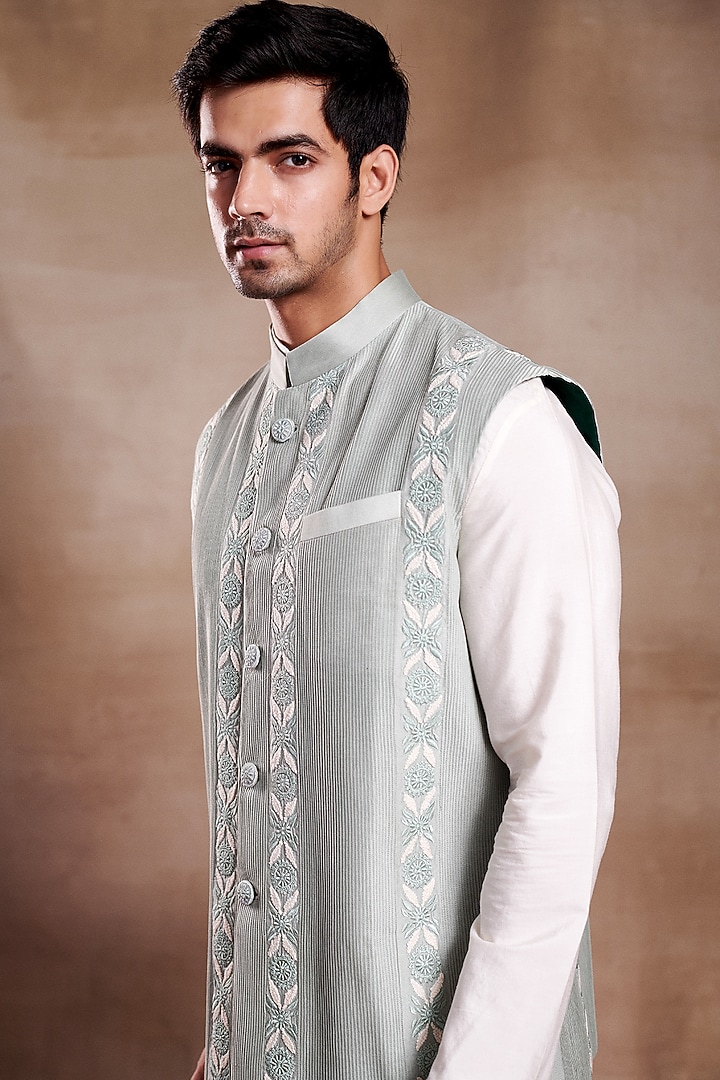 Mint SIlk Chanderi Hand Embroidered Bundi Jacket by SHASHA GABA MEN at Pernia's Pop Up Shop