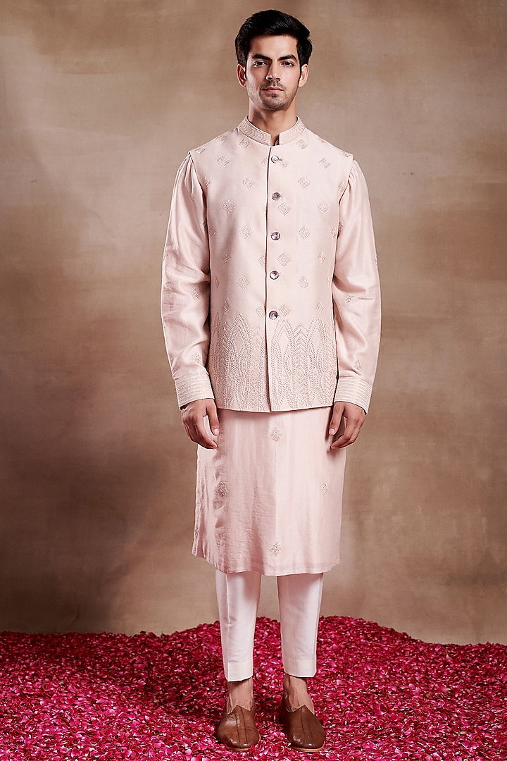 Rose Pink Silk Chanderi Resham Embroidered Bundi Jacket by SHASHA GABA MEN