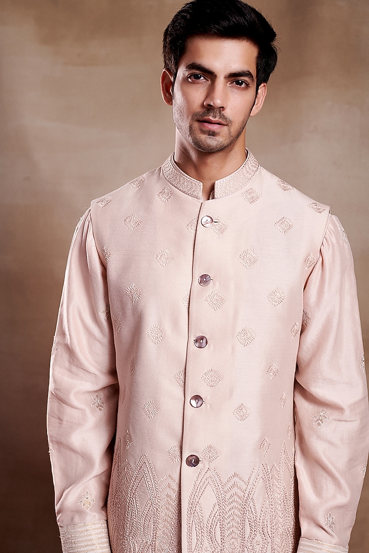 Rose Pink Silk Chanderi Resham Embroidered Bundi Jacket by SHASHA GABA MEN at Pernia's Pop Up Shop