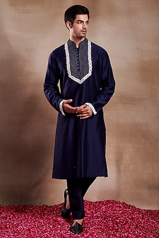 Blue Silk Chanderi Hand Embroidered Kurta by SHASHA GABA MEN