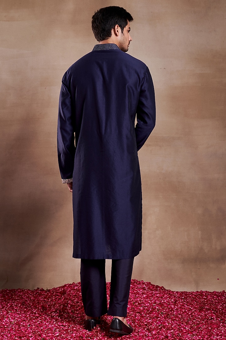 Blue Silk Chanderi Hand Embroidered Kurta by SHASHA GABA MEN at Pernia's Pop Up Shop