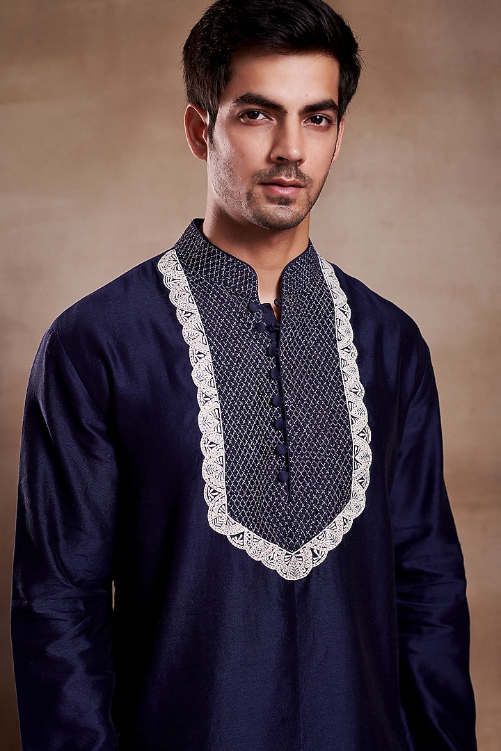Blue Silk Chanderi Hand Embroidered Kurta by SHASHA GABA MEN at Pernia's Pop Up Shop