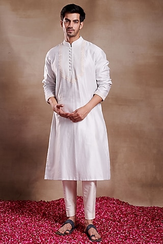Blue Silk Chanderi Hand Embroidered Kurta by SHASHA GABA MEN