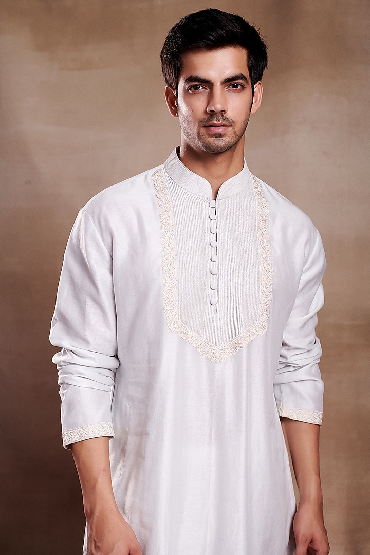 Blue Silk Chanderi Hand Embroidered Kurta by SHASHA GABA MEN at Pernia's Pop Up Shop