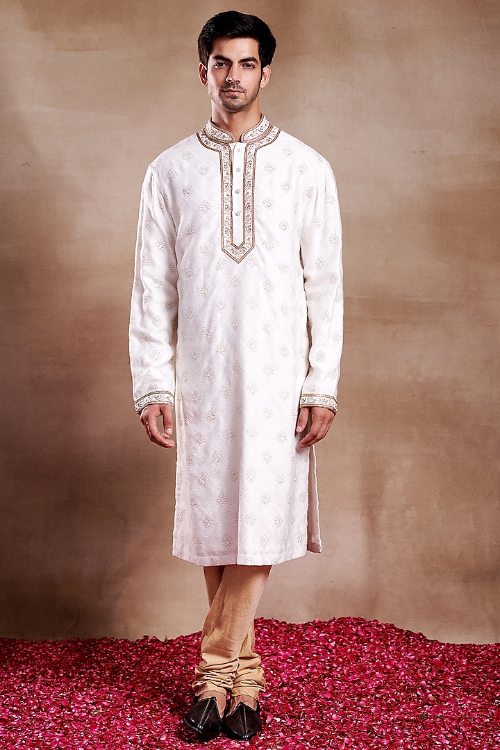 White Silk Dobby Hand Embroidered Kurta by SHASHA GABA MEN