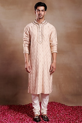Beige Silk Dobby Hand Embroidered Kurta by SHASHA GABA MEN