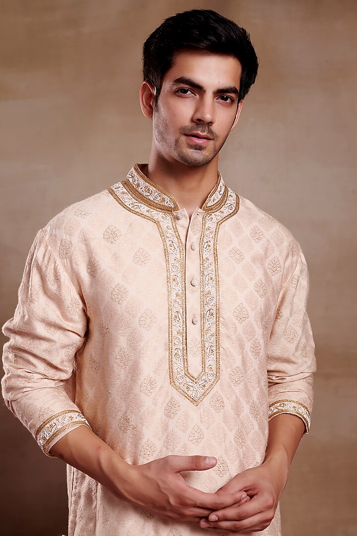Beige Silk Dobby Hand Embroidered Kurta by SHASHA GABA MEN at Pernia's Pop Up Shop
