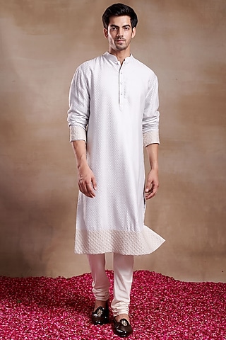 Beige Silk Dobby Hand Embroidered Kurta by SHASHA GABA MEN