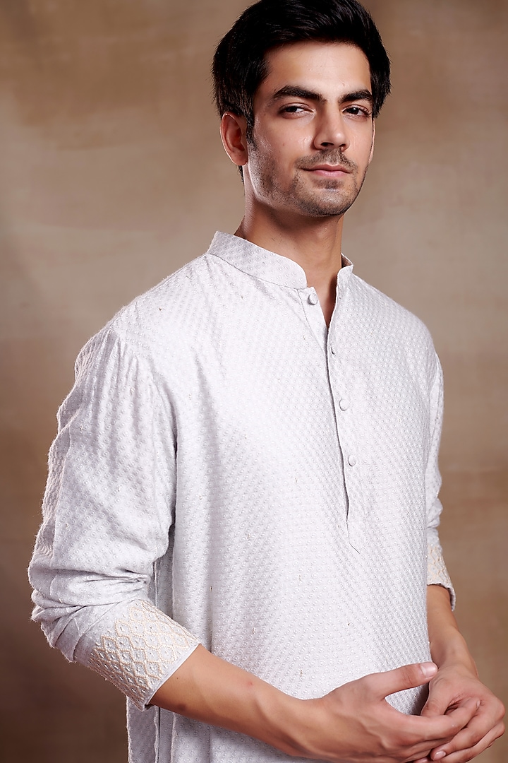 Beige Silk Dobby Hand Embroidered Kurta by SHASHA GABA MEN at Pernia's Pop Up Shop