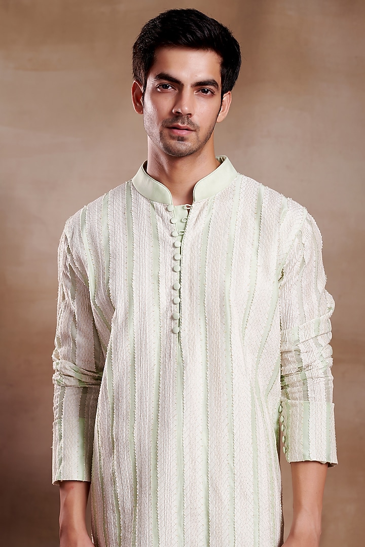 Ivory Silk Chanderi Resham Thread Embroidered Kurta by SHASHA GABA MEN at Pernia's Pop Up Shop