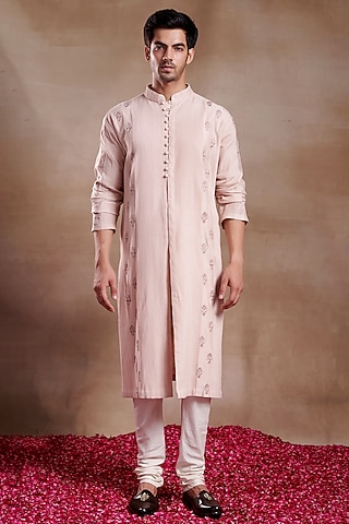 Pink Silk Chanderi Hand Embroidered Kurta by SHASHA GABA MEN