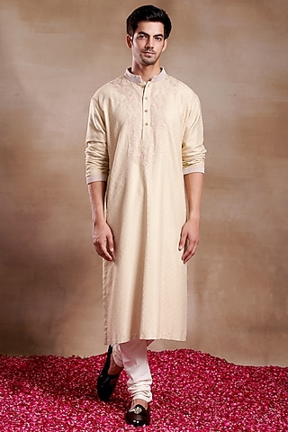 Beige Silk Dobby Hand Embroidered Kurta by SHASHA GABA MEN