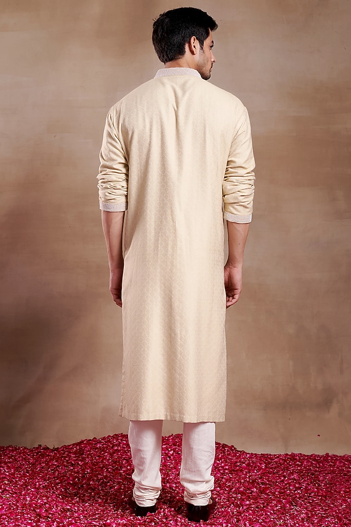 Beige Silk Dobby Hand Embroidered Kurta by SHASHA GABA MEN at Pernia's Pop Up Shop