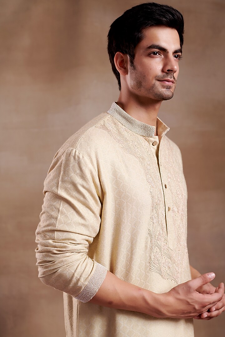 Beige Silk Dobby Hand Embroidered Kurta by SHASHA GABA MEN at Pernia's Pop Up Shop
