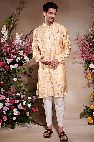 Yellow Cotton Silk Printed Kurta by SHASHA GABA MEN