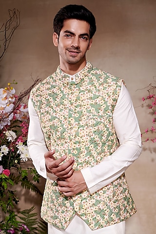 Yellow Chanderi Printed Bundi Jacket by SHASHA GABA MEN