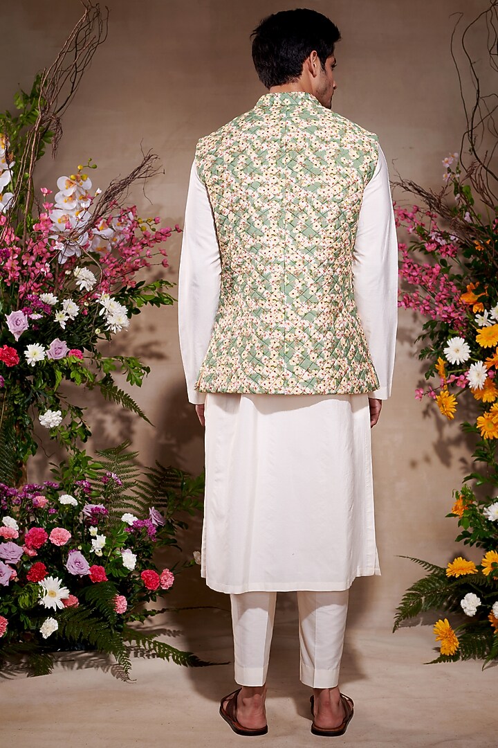 Yellow Chanderi Printed Bundi Jacket by SHASHA GABA MEN at Pernia's Pop Up Shop