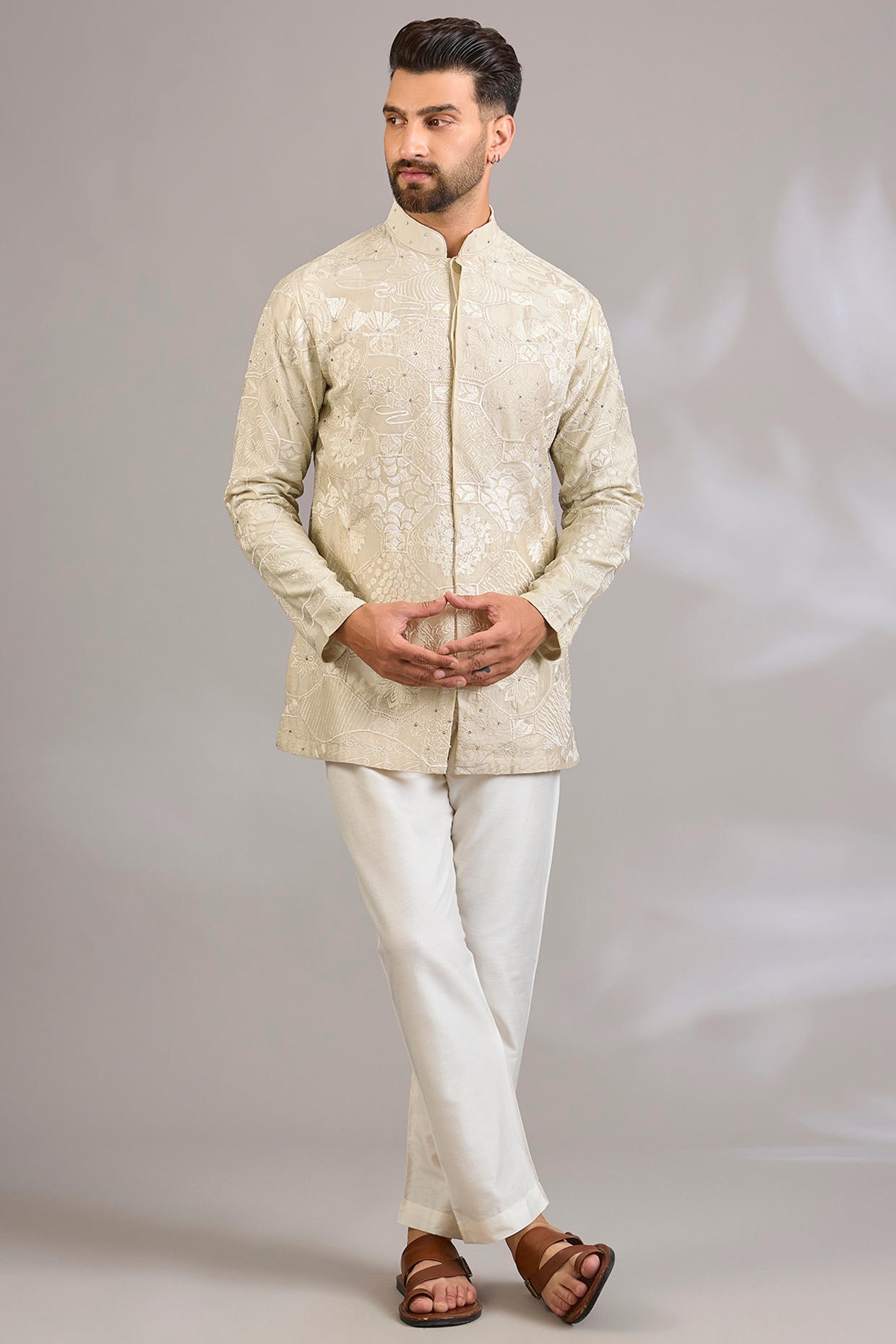 SHASHA GABA Ivory Silk Chanderi Floral Embroidered Kurta