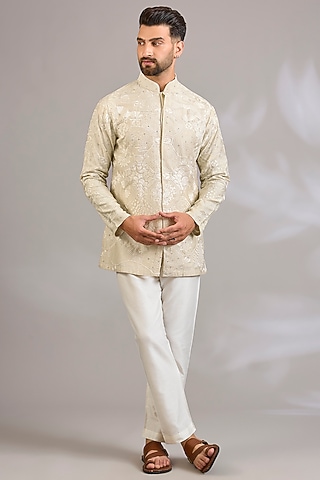 Ivory Silk Chanderi Floral Embroidered Kurta by SHASHA GABA MEN
