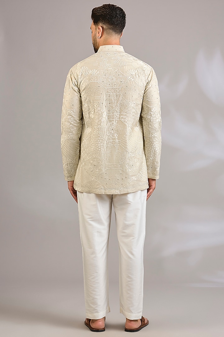 Ivory Silk Chanderi Floral Embroidered Kurta by SHASHA GABA MEN at Pernia's Pop Up Shop