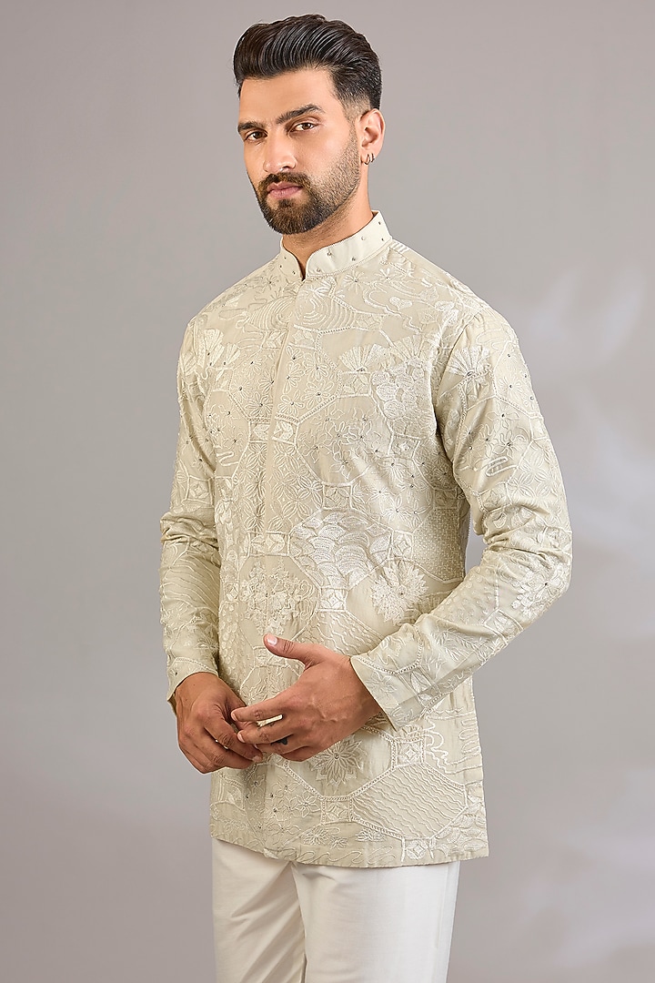 Ivory Silk Chanderi Floral Embroidered Kurta by SHASHA GABA MEN at Pernia's Pop Up Shop