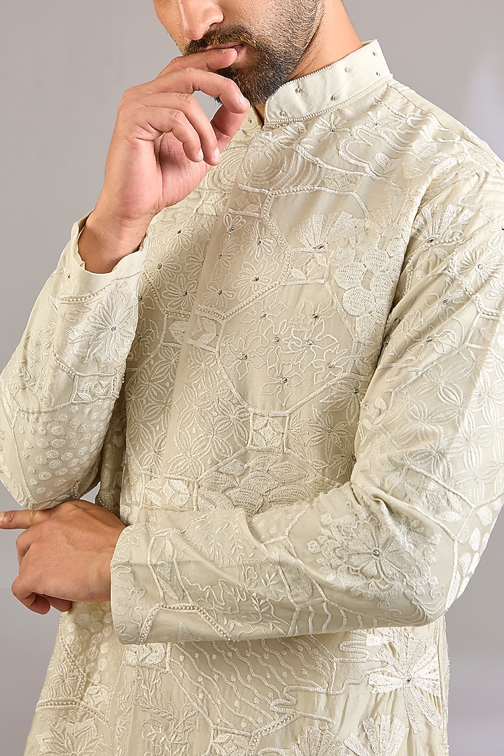 Ivory Silk Chanderi Floral Embroidered Kurta by SHASHA GABA MEN at Pernia's Pop Up Shop