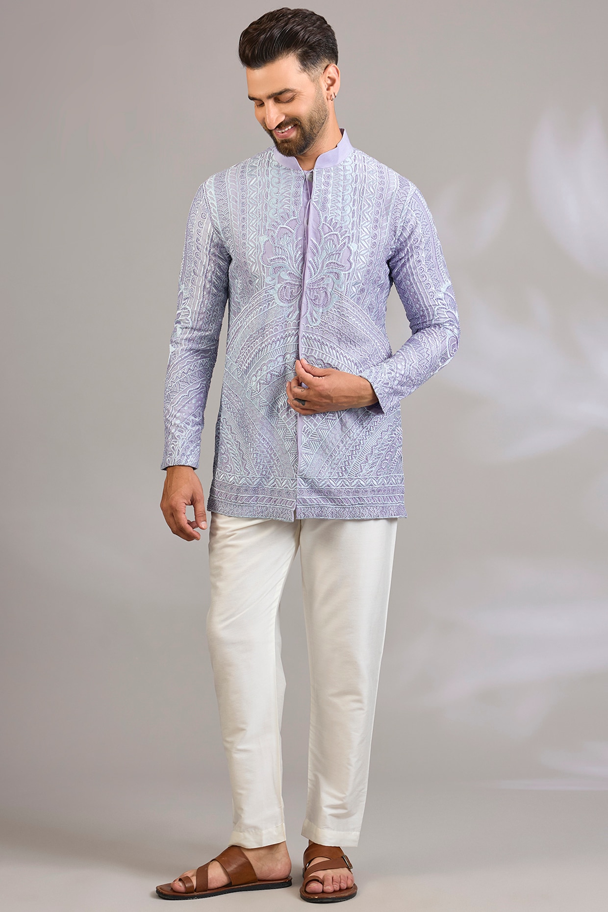 SHASHA GABA Lavender Georgette Chikankari Embroidered Front-Open Short Kurta
