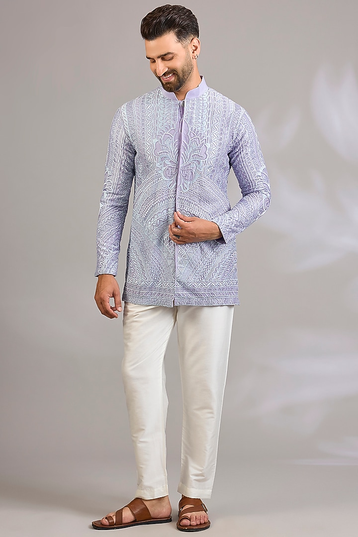 Lavender Georgette Chikankari Embroidered Front-Open Short Kurta by SHASHA GABA MEN at Pernia's Pop Up Shop