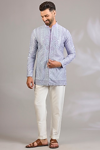 Lavender Georgette Chikankari Embroidered Front-Open Short Kurta by SHASHA GABA MEN