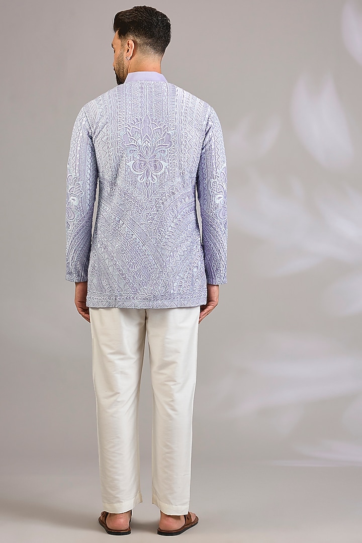 Lavender Georgette Chikankari Embroidered Front-Open Short Kurta by SHASHA GABA MEN at Pernia's Pop Up Shop