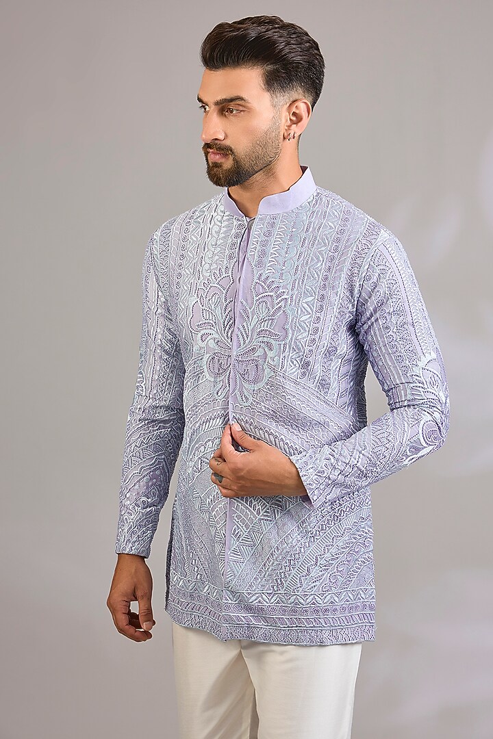 Lavender Georgette Chikankari Embroidered Front-Open Short Kurta by SHASHA GABA MEN at Pernia's Pop Up Shop