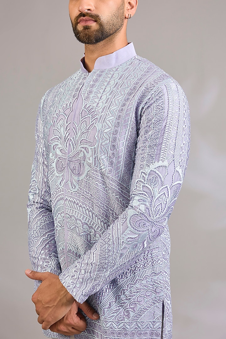 Lavender Georgette Chikankari Embroidered Front-Open Short Kurta by SHASHA GABA MEN at Pernia's Pop Up Shop