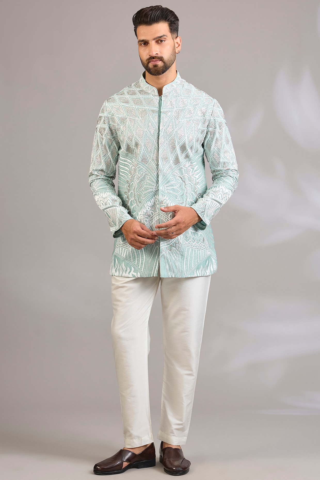SHASHA GABA Mint Georgette Chikankari Embroidered Front-Open Short Kurta