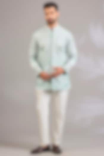 Mint Georgette Chikankari Embroidered Front-Open Short Kurta by SHASHA GABA MEN at Pernia's Pop Up Shop