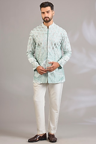 Mint Georgette Chikankari Embroidered Front-Open Short Kurta by SHASHA GABA MEN