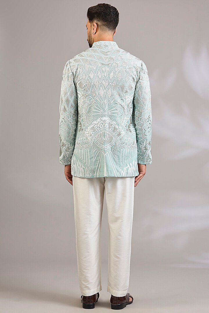 Mint Georgette Chikankari Embroidered Front-Open Short Kurta by SHASHA GABA MEN at Pernia's Pop Up Shop